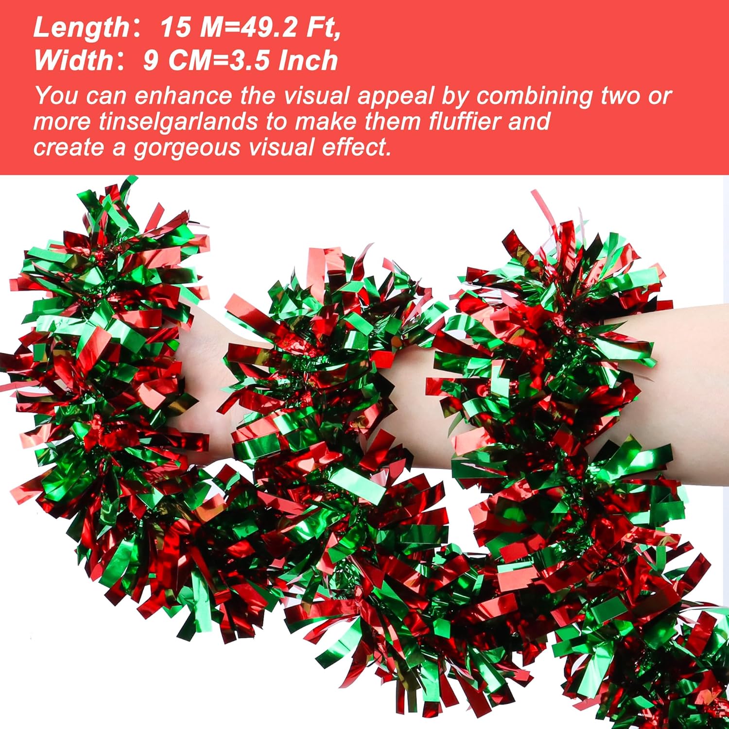 50 Feet Red & Green Christmas Tinsel Garland Metallic Twist Shiny Hanging Garland for Christmas Tree Decorations Xmas Holiday Decor for Home Indoor Outdoor Party Supplies - Red & Green