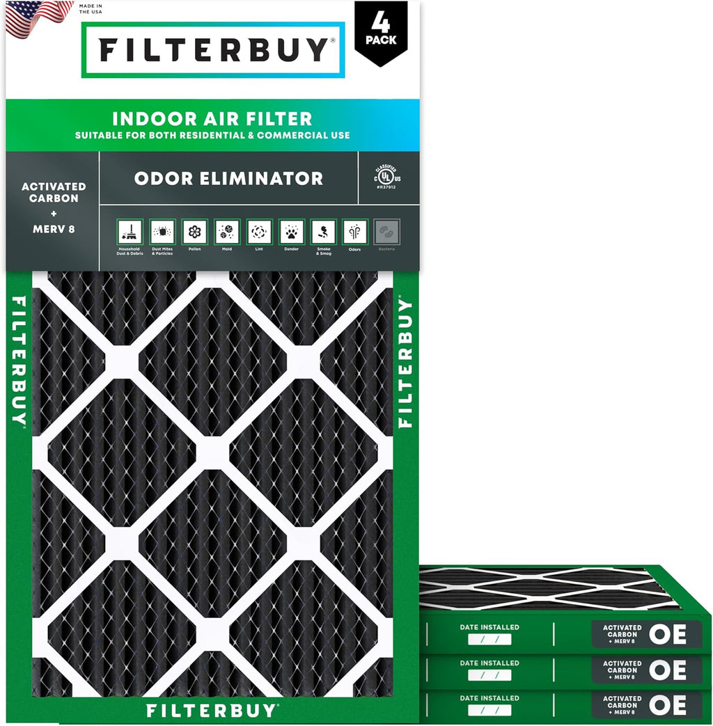 Filterbuy 10x30x1 Air Filter MERV 8 Odor & Allergy Defense with Activated Carbon (4-Pack), Electrostatic Pleated HVAC AC Furnace Filters Replacement, Made in USA (Actual Size: 9.50 x 29.50 x 0.75)