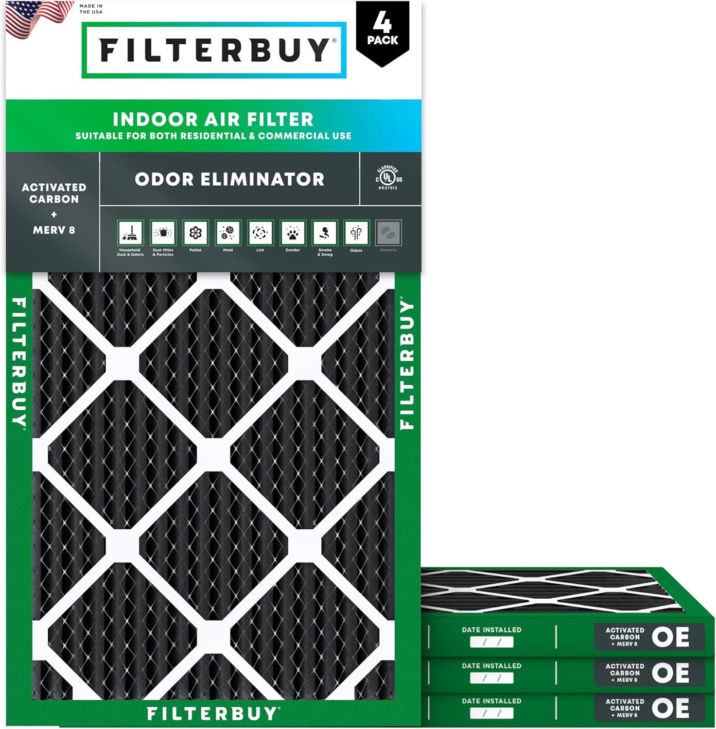 Filterbuy 10x20x1 Air Filter MERV 8 Odor & Allergy Defense with Activated Carbon (4-Pack), Electrostatic Pleated HVAC AC Furnace Filters Replacement, Made in USA (Actual Size: 9.50 x 19.50 x 0.75)