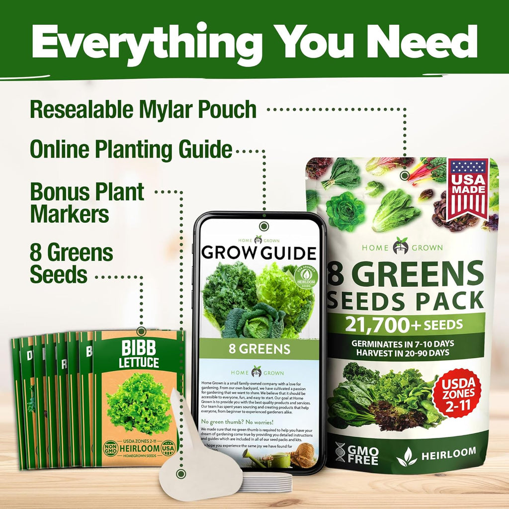 HOME GROWN Lettuce Seeds for Planting - 8 Varieties Non-GMO Heirloom Salad Greens Seeds - 9000+ USA-Sourced Vegetable Seeds for Planting Outdoors, Indoors, Hydroponic Garden