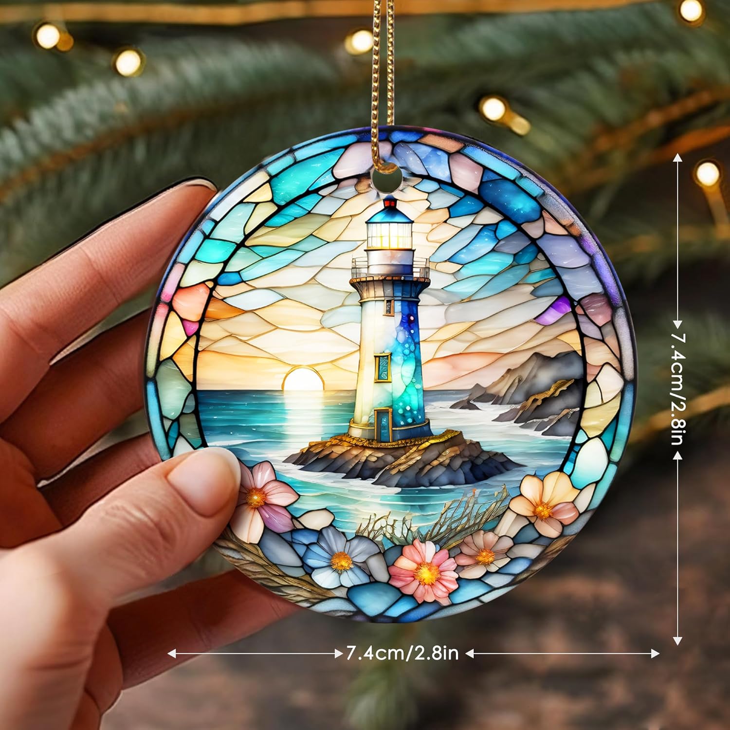 Stained Ceramic Lighthouse Ornament - Christmas Tree Ornaments - Christmas Decorations - Lighthouse Decor for Office, Room, Home - Holiday Present Ideas
