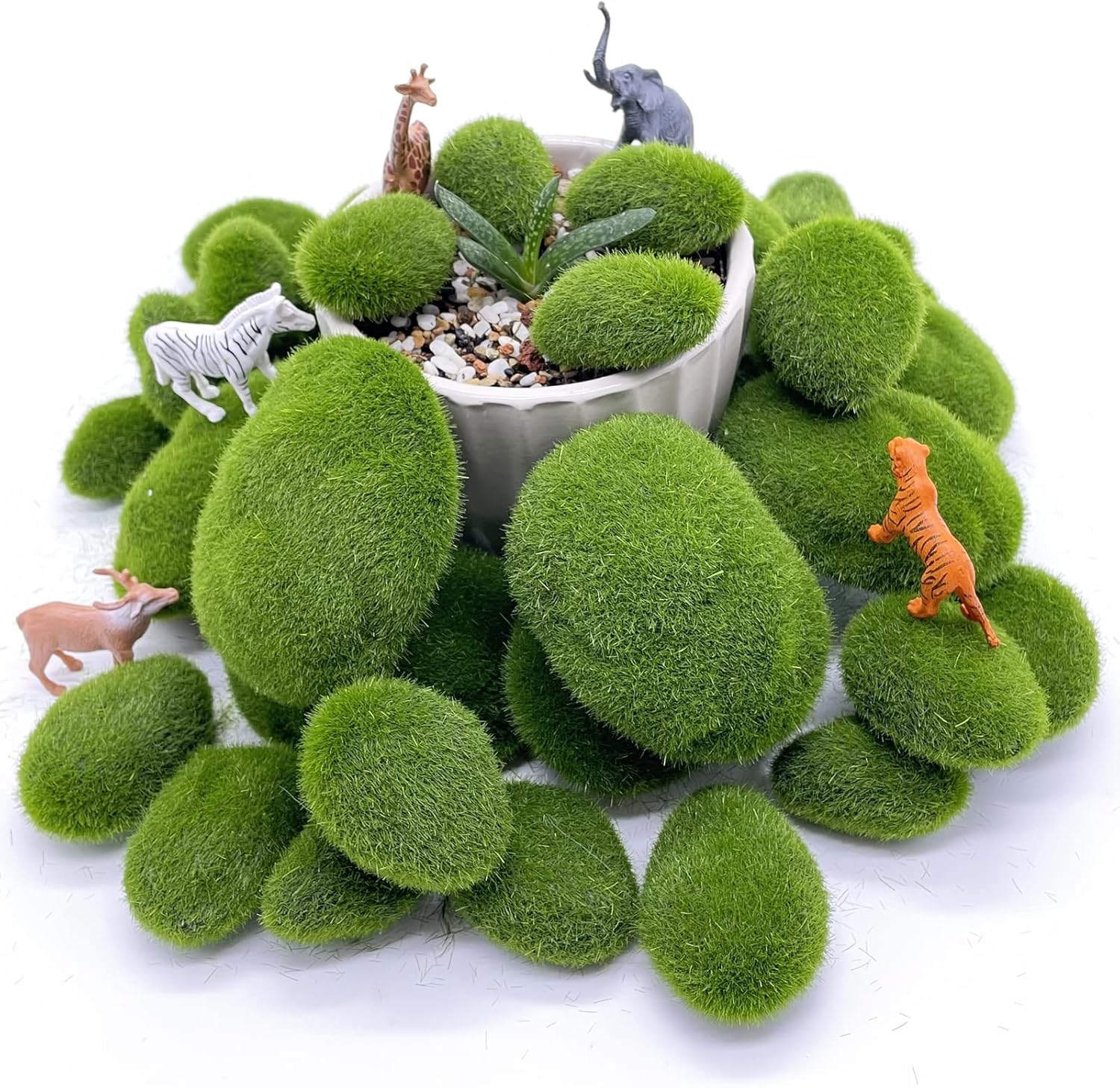 40PCS Artificial Moss Rocks Decorative Moss Balls Green Moss Covered Stones for Plants Decor Home Craft 4 Size