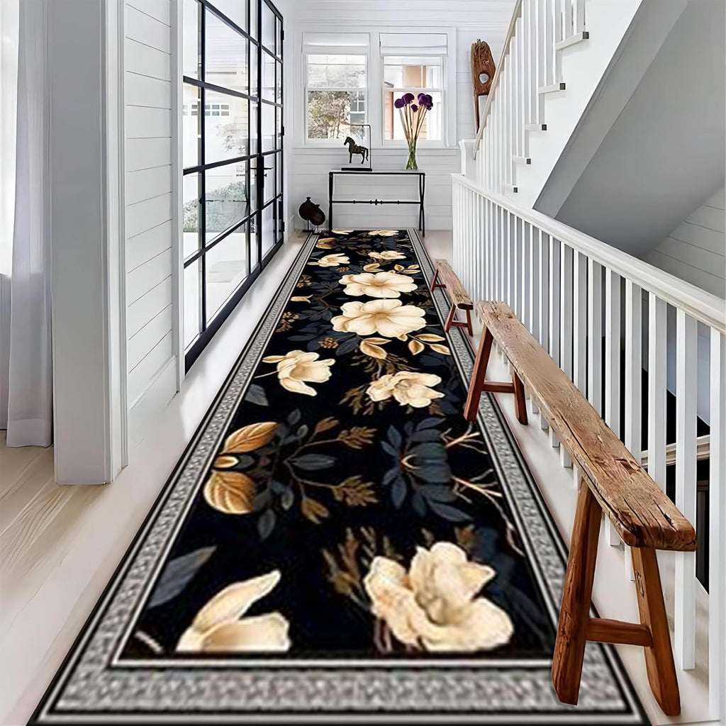 Modern Minimalist Floral Runner Rugs for Hallway, 4x10ft, Botanical Print Home Decor Carpet, Washable Rubber Backed Absorbent Bathroom Decorations Anti-Slip Rug for Entryway Kitchen