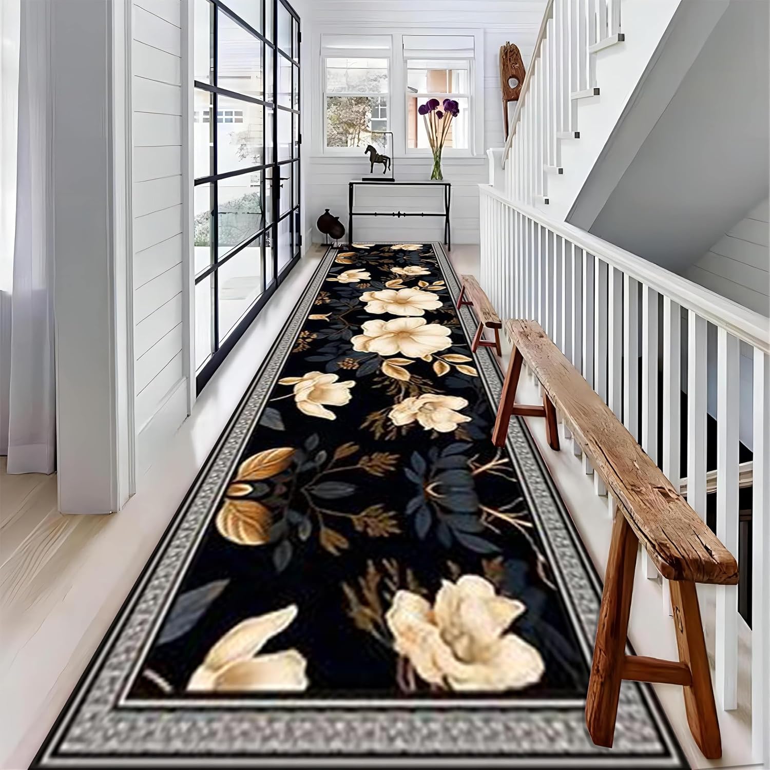 Modern Minimalist Floral Runner Rugs for Hallway, 4x10ft, Botanical Print Home Decor Carpet, Washable Rubber Backed Absorbent Bathroom Decorations Anti-Slip Rug for Entryway Kitchen