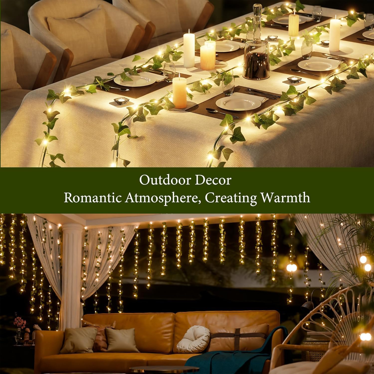 2 Pack 6.56FT Vines with Lights, Fake Ivy String Lights Battery Operated, 20 LEDs Green Leaf Lights with 8 Modes, Artificial Vines with Fairy Lights for Bedroom Wall Garden Party Decor