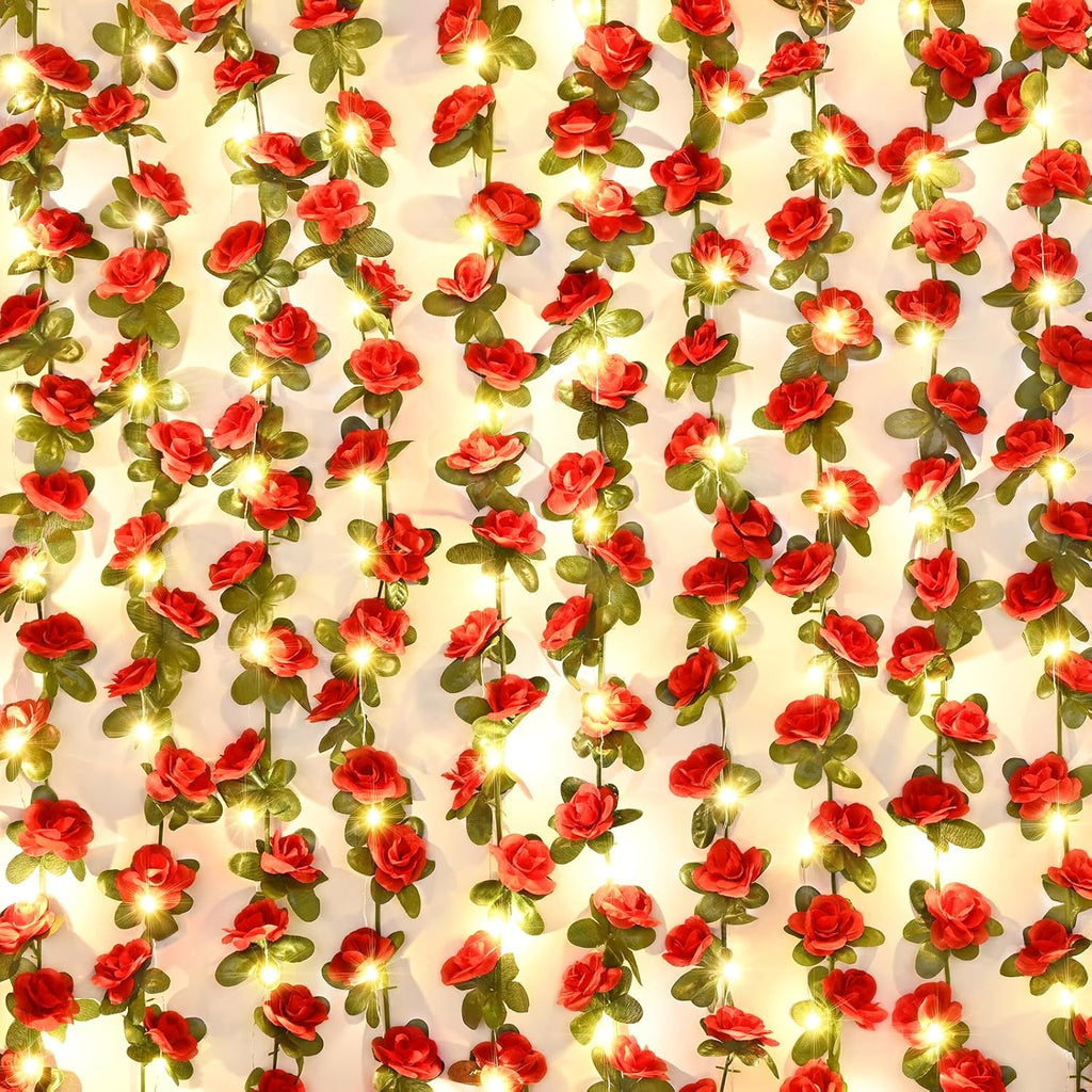 BLEUM CADE 5Pcs 41Ft Flower Garland Artificial Rose Vines with 32.8Ft String Lights, Cute Fake Hanging Flower Vines Floral Garland Decorations for Wedding Party Wall Room Decor Aesthetic