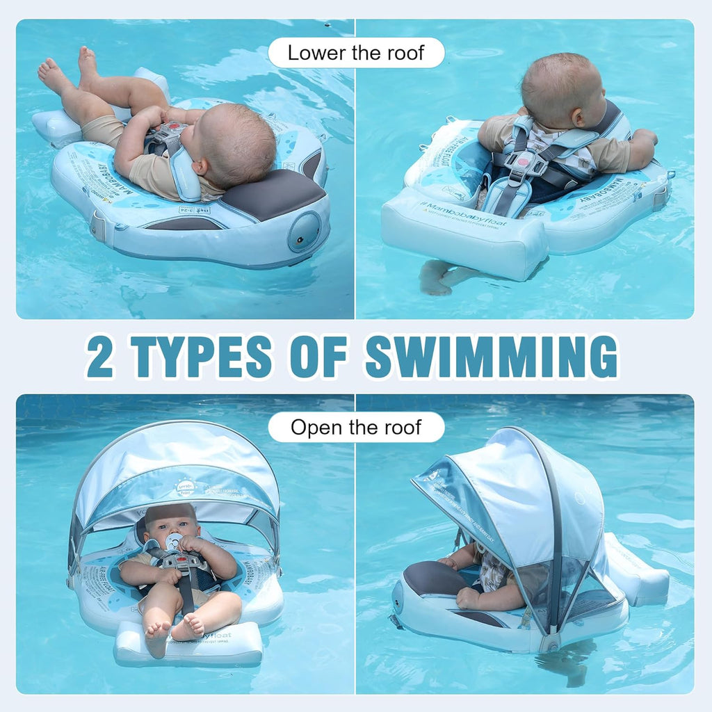 Mambobaby Baby Pool Float with Removable Sun Canopy - Non Inflatable Infant Swim Float with Anti-Flip Tail Design, Waterproof & Skin-Friendly Baby Float for Swimming (3-24 Months)