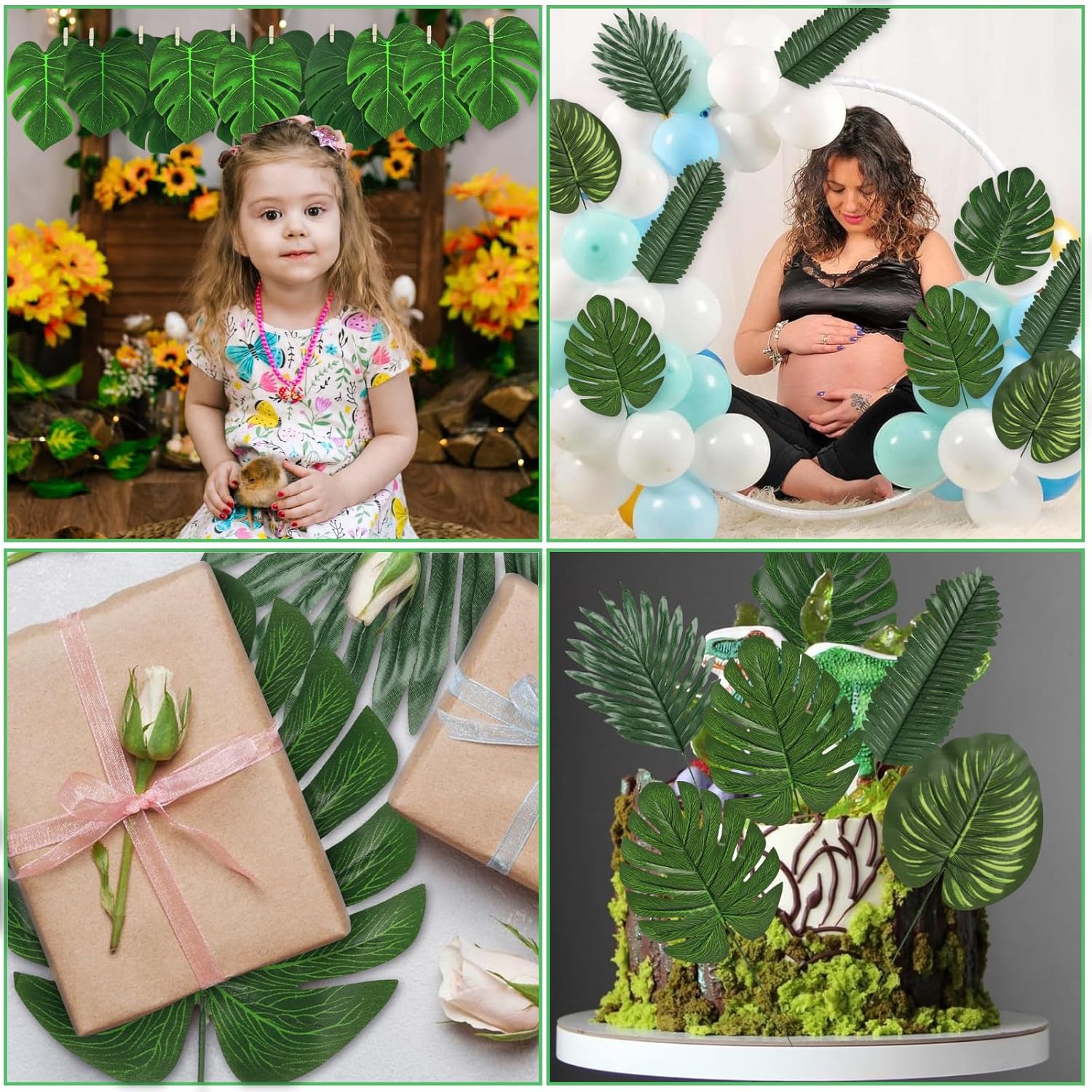 60 Pieces 4 Kinds Artificial Palm Leaves with Faux Stems Tropical Plant Leaves Monstera Safari Leaves for Hawaiian Luau Party Jungle Beach Table Leave Decorations