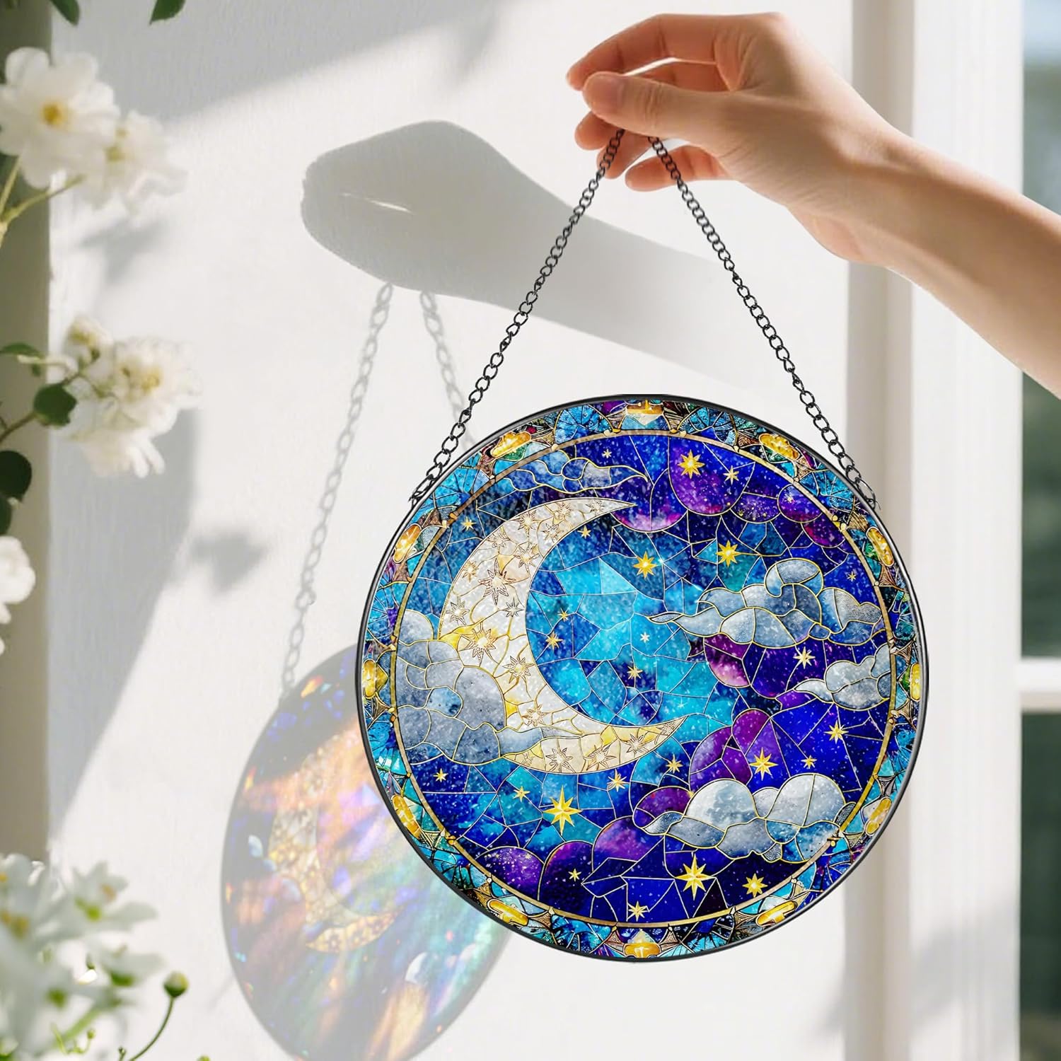 8-Inch Moon and Star Stained Glass Ornament, Stained Glass Window Hanging, Window Hanging Decor Suncatcher, Night Sky Ornament | Holiday, Mother’s Day, Housewarming | Gifts for Friend & Family