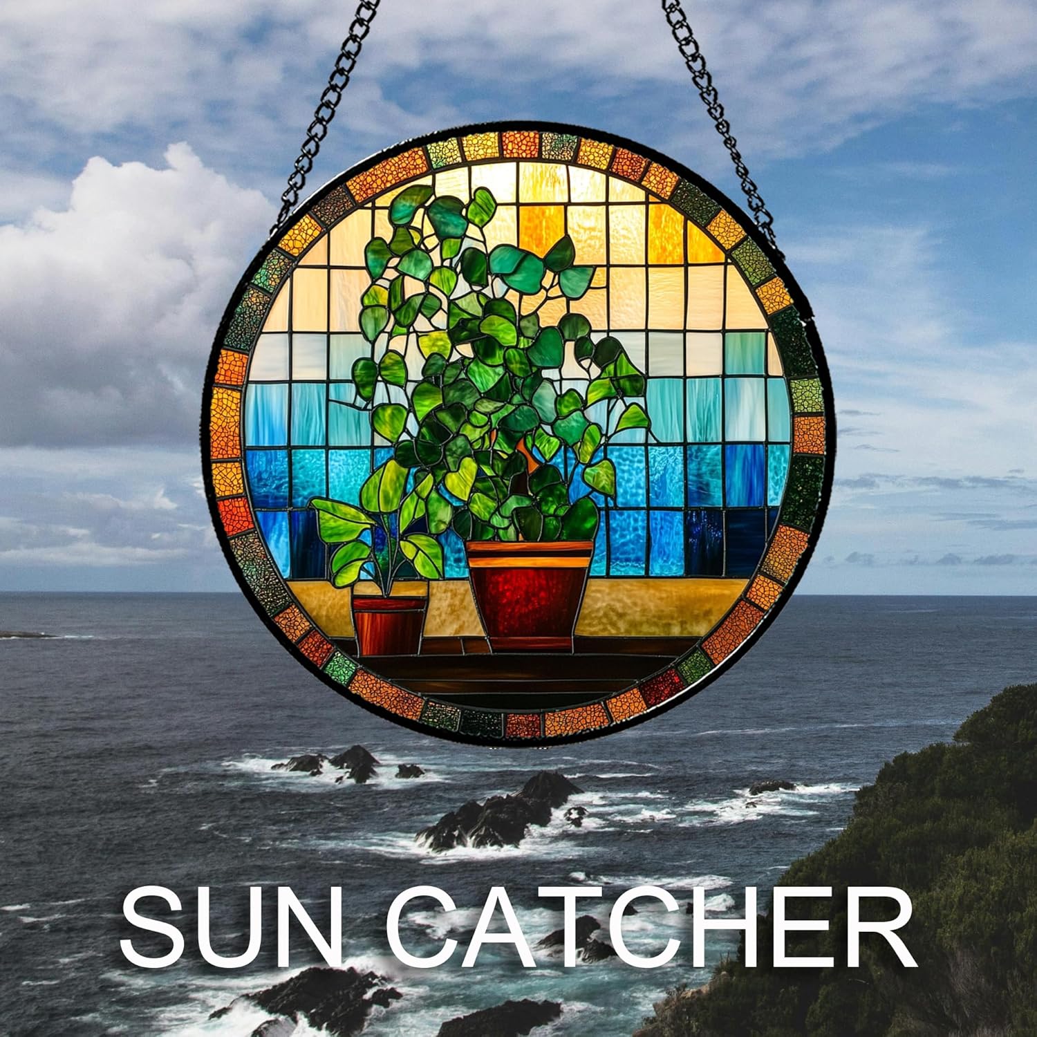 Stained Glass Window Hanging Green Potted Plants Large 15" - Suncatcher Door Garden Sun Catcher Retro Home Decor Birthday Christmas for Mom Men Woman Nana Friend