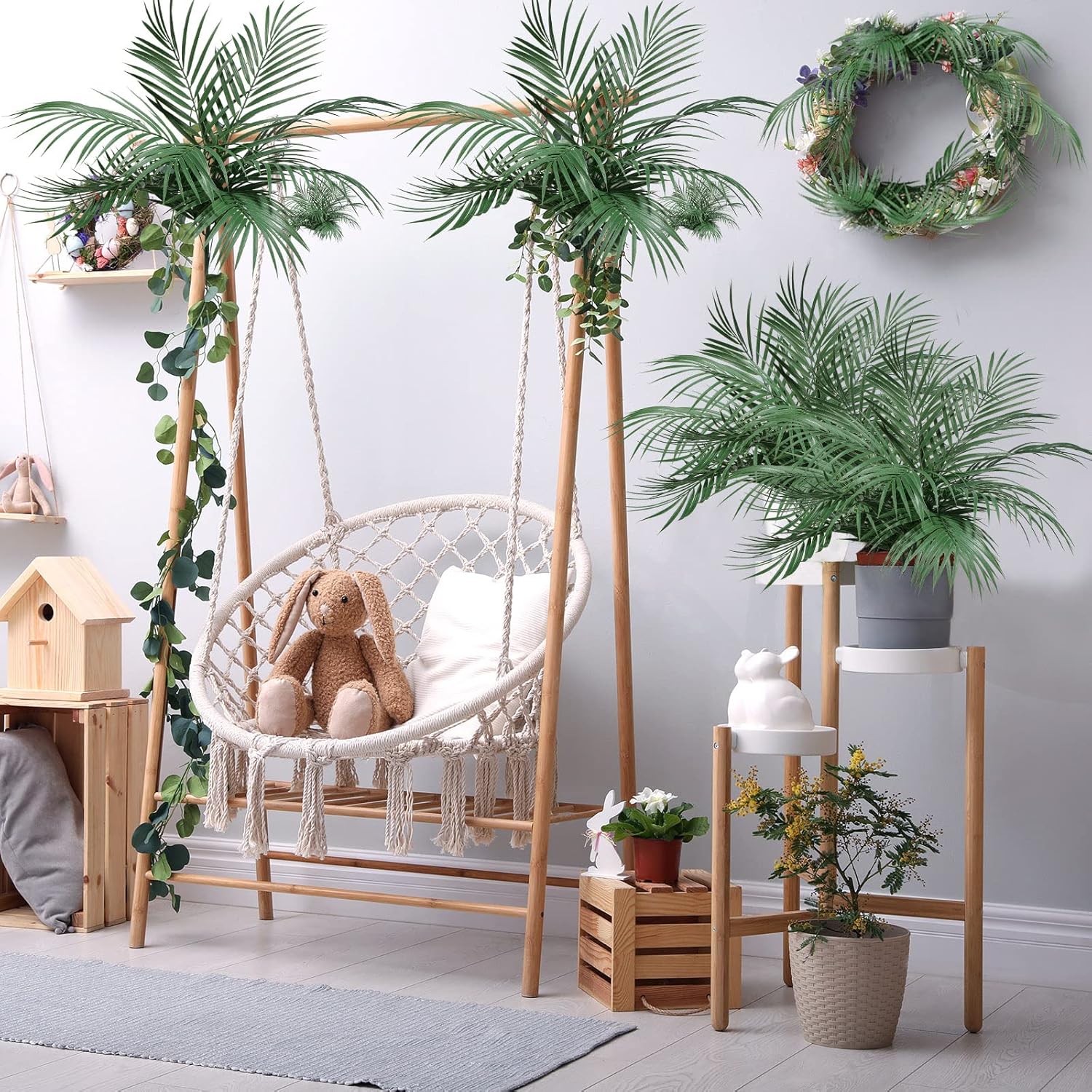 Jutom 100 Pcs 25 Inch Artificial Palm Leaves Decor Large Tropical Faux Plants Plastic Fronds Fake Palm Branches Tree Leaves for Sunday Tree Vase Jungle Beach Party Wedding Decoration