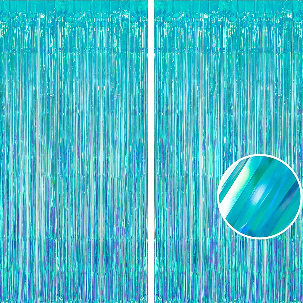 BRAVESHINE Iridescent Blue Foil Fringe Backdrop - 2 Pack 3.2x6.5 ft Holographic Tinsel Streamers Curtains for Christmas/Frozen/Winter’s Snowflake/Birthdays/Mermaid/Sea/Baby Party Decorations