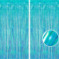 BRAVESHINE Iridescent Blue Foil Fringe Backdrop - 2 Pack 3.2x6.5 ft Holographic Tinsel Streamers Curtains for Christmas/Frozen/Winter’s Snowflake/Birthdays/Mermaid/Sea/Baby Party Decorations