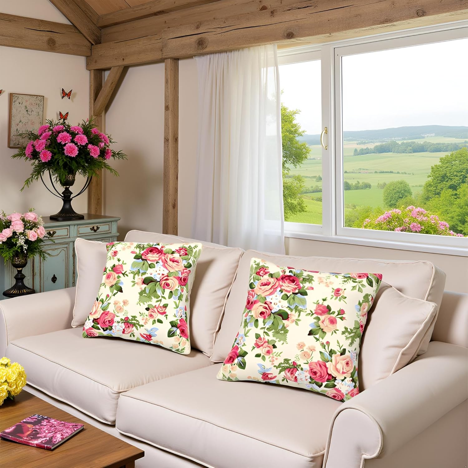 Vintage Roses Floral Throw Pillow Covers Set of 2 Ultra-Soft All-Season Pillow Shams with Hidden Zipper,Durable for Sofa Bed Car Decor & Gift 18x18IN