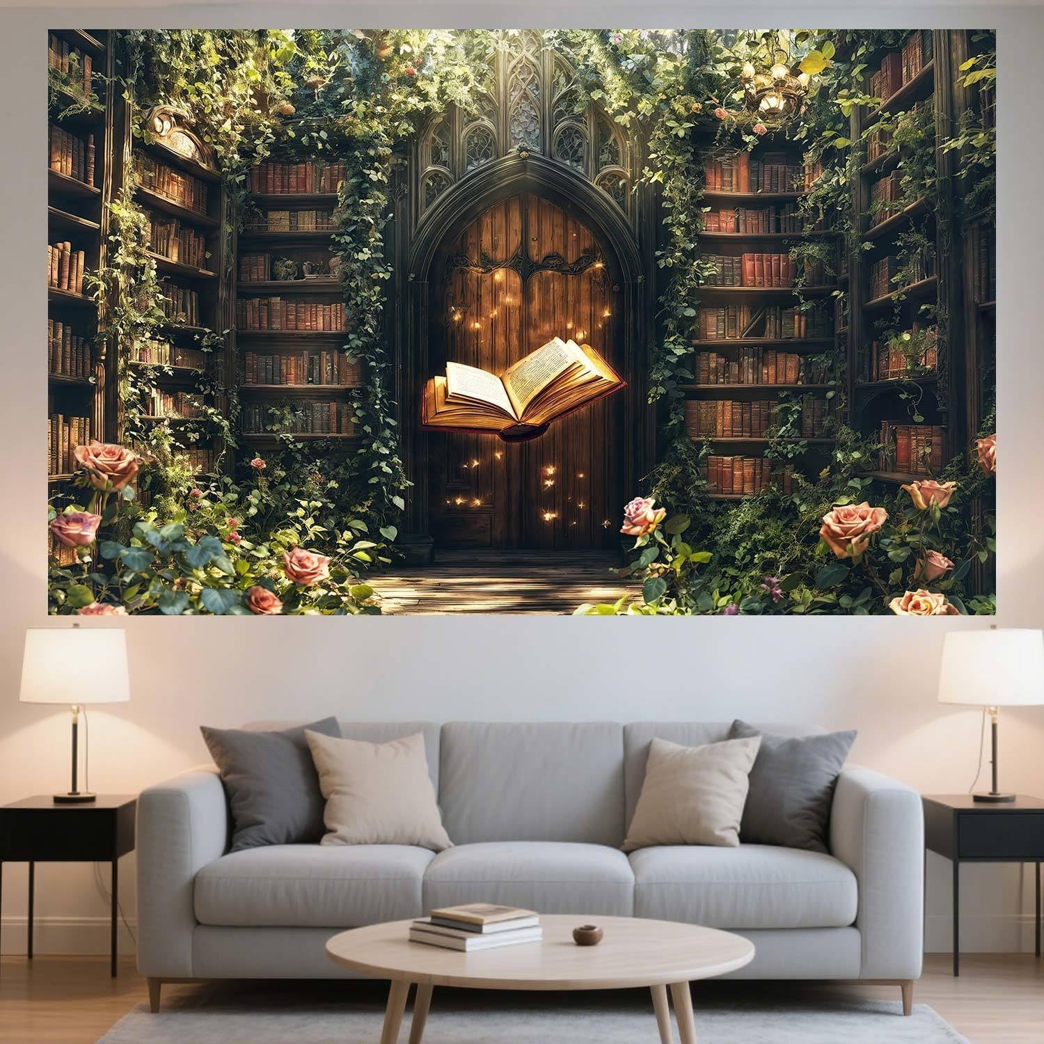 8X6ft Enchanted Magical Retro Forest Backdrop Green Nature Library Bookshelf Photography Background Magic Party Decor for Birthday Baby Shower Photo Shoot Props for Kids Adults