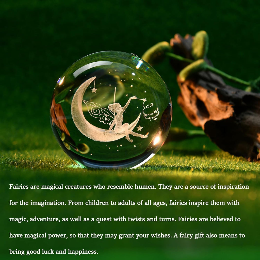 IFOLAINA Moon Fairy Crystal Ball 3D Laser Engraved Fairy Glass Ball Fairy Night Light Decorative Globes 3D Crystal Moon Sphere Fairy Gifts for Girl Her Fairy Lover, 1163Z