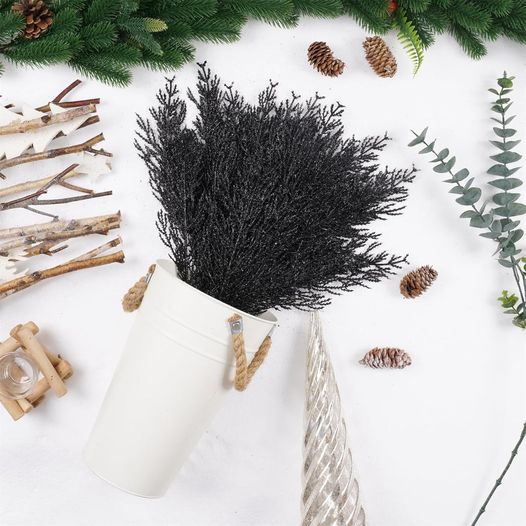 Christmas Glitter Stems 24pcs Artificial Pine Tree Picks for Christmas Tree Ornaments fillers, DIY Xmas Wreath, Crafts, Garland, Holiday, Party, Wedding and Home Decoration (Black)
