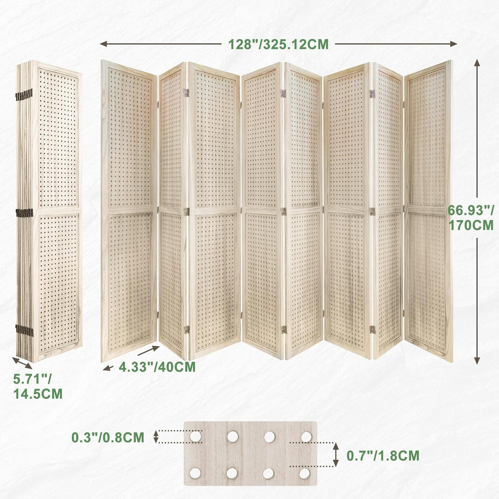 8 Panel Room Dividers 5.6FT Wall Divider with Freestanding Peg Board Display Wooden Folding Privacy Screen Foldable Partition Wall for Studio Apartment, Living Room, Natural Wood