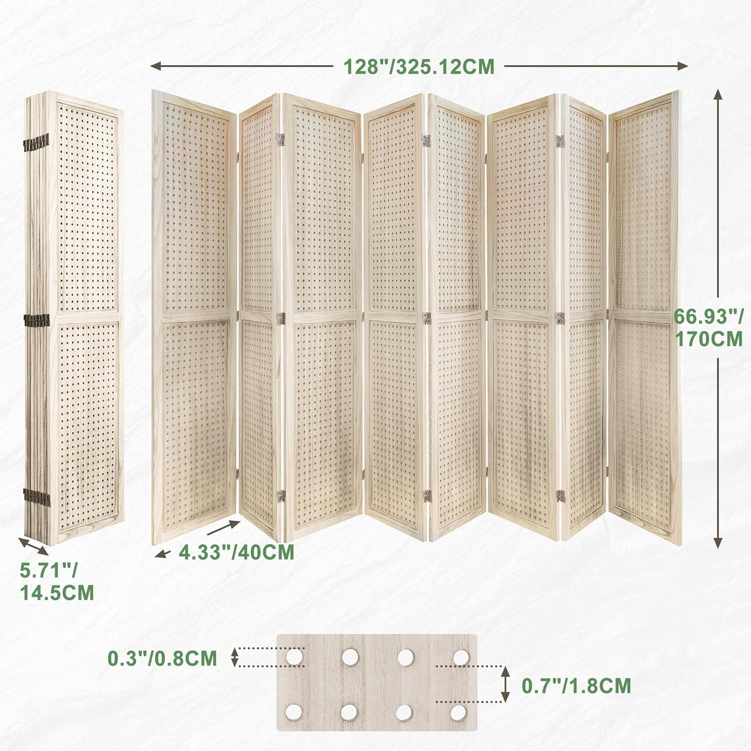 8 Panel Room Dividers 5.6FT Wall Divider with Freestanding Peg Board Display Wooden Folding Privacy Screen Foldable Partition Wall for Studio Apartment, Living Room, Natural Wood