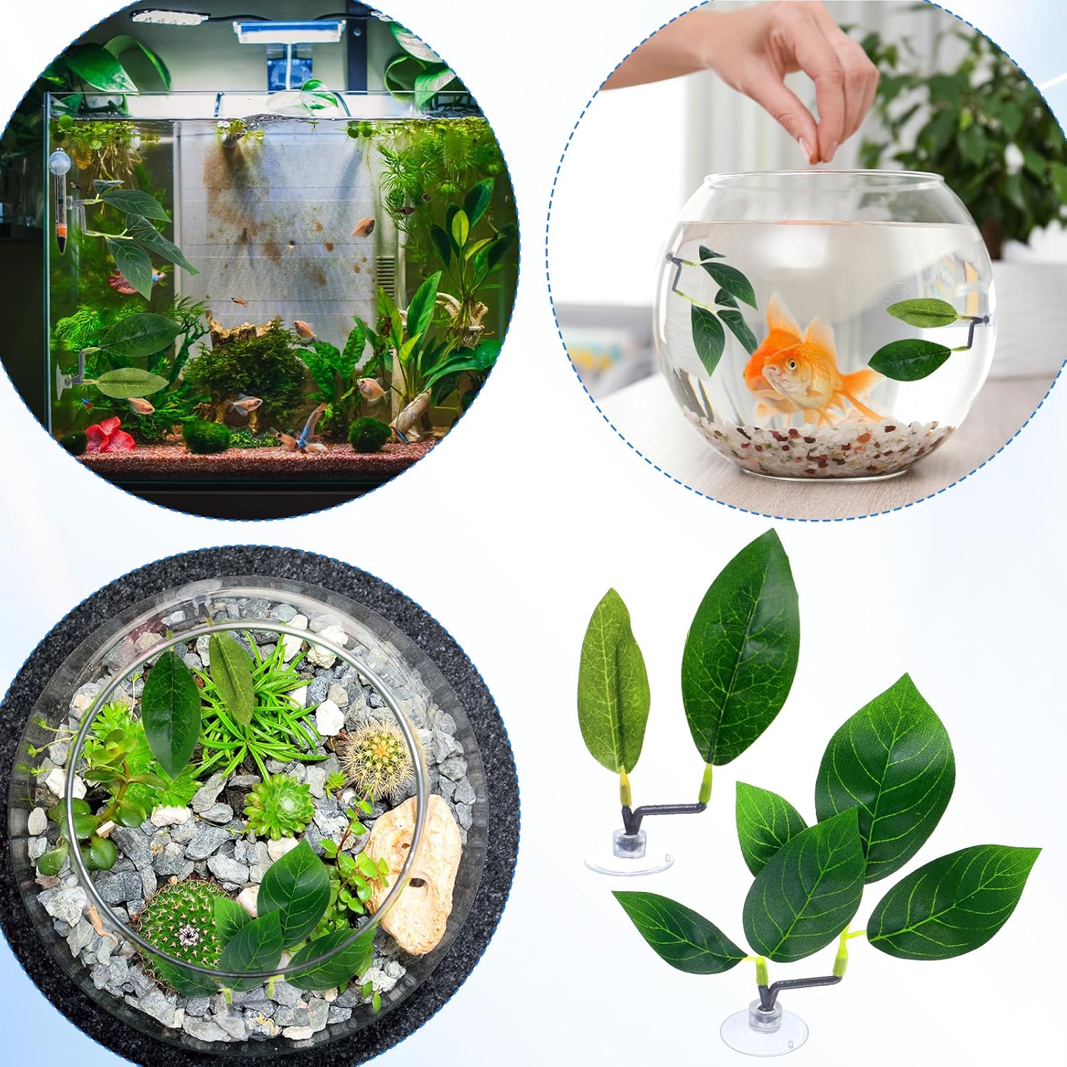 Fish Leaf Pad 4 Pack Betta Fish Leaf Pad Tank Accessories Green Plants Aquarium Décor Simulating Adjustable Plastic Plants Betta Playing Spawn Breed Rest Bed with Suction Cup Multi Leaves Design