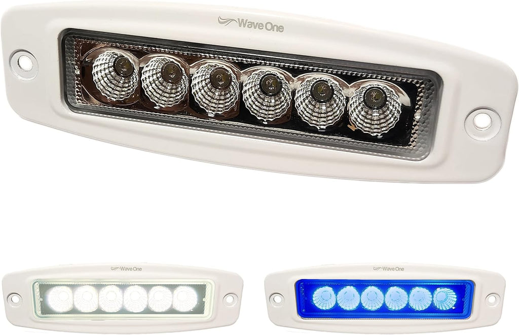 Wave One Marine Dual Color LED FLUSH Mount Spreader Light | Boat Deck Flood Beam | Stainless Hardware | IP68 Waterproof | High Lumen | 12-24 Volt DC Input (WHITE)