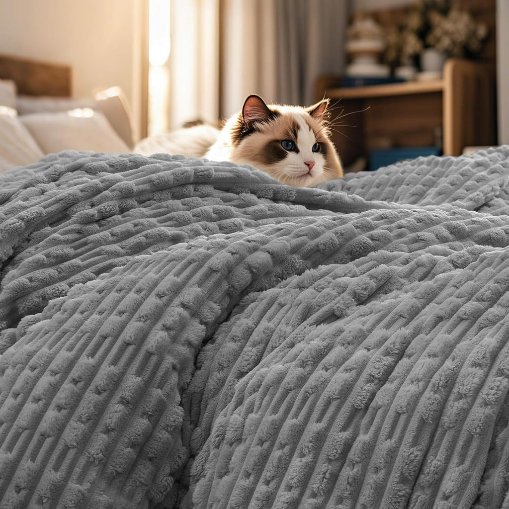 PHF Ultra Soft Flannel Fleece Blanket Twin Size, Lightweight 3D Jacquard Fleece Blanket, No Shedding, No Pilling, Luxury 340GSM Aesthetic Fluffy Cozy Bedding for Bed Room Decor, 66"x90", Frost Gray