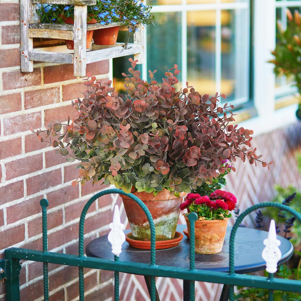 RECUTMS 20 Bundles Artificial Plants Outdoor Faux Plant Eucalyptus Stems Artificial Bushes Boxwood Bushes for Farmhouse Bathroom Office Vase Centerpiece Indoor Outdoor Decor(Dusty Red)