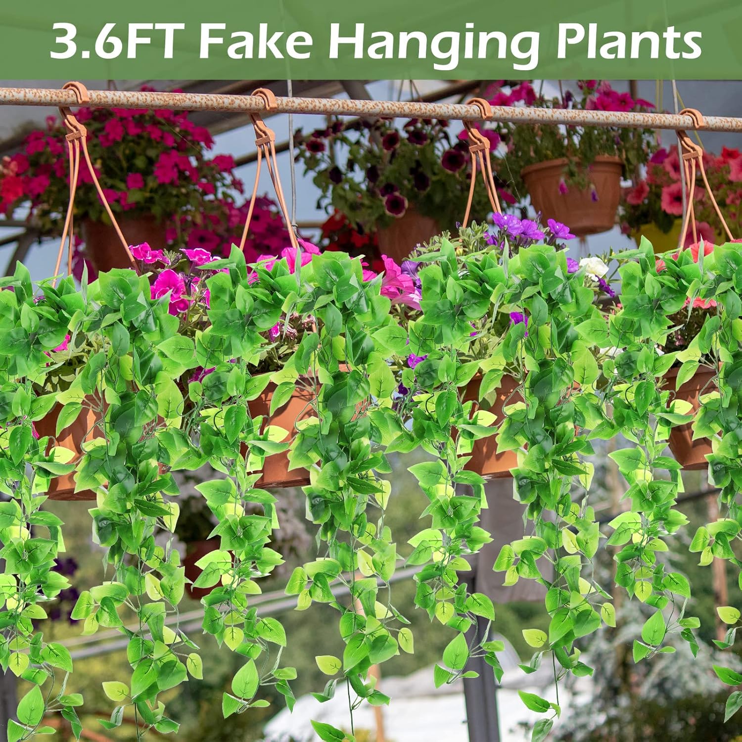 Hoteam 18 Pcs Artificial Hanging Plants 32 Inch Fake Ivy Vines with Fake Leaves Patio Artificial Plants Greenery for Living Room Indoor Outdoor Wall, No Basket (Pothos)