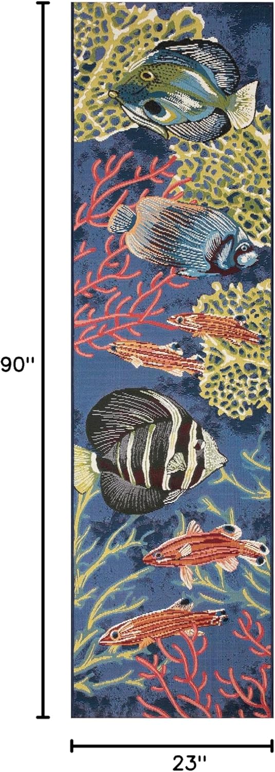 Liora Manne Marina Indoor/Outdoor Power Loomed Synthetic Blend Low Profile Area Rug - Transitional Graphic Coastal Animal Colorful (Fish Navy) (1'11" x 7'6")