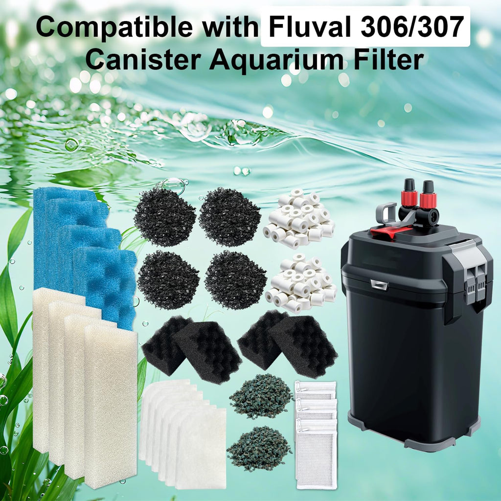 44-Piece Aquarium Maintenance Media Kits Replacement for Fluval 306/307 Performance Canister Filter - Includes Carbon, Ammonia-Absorbing Pad, Sponges（2 Sets）