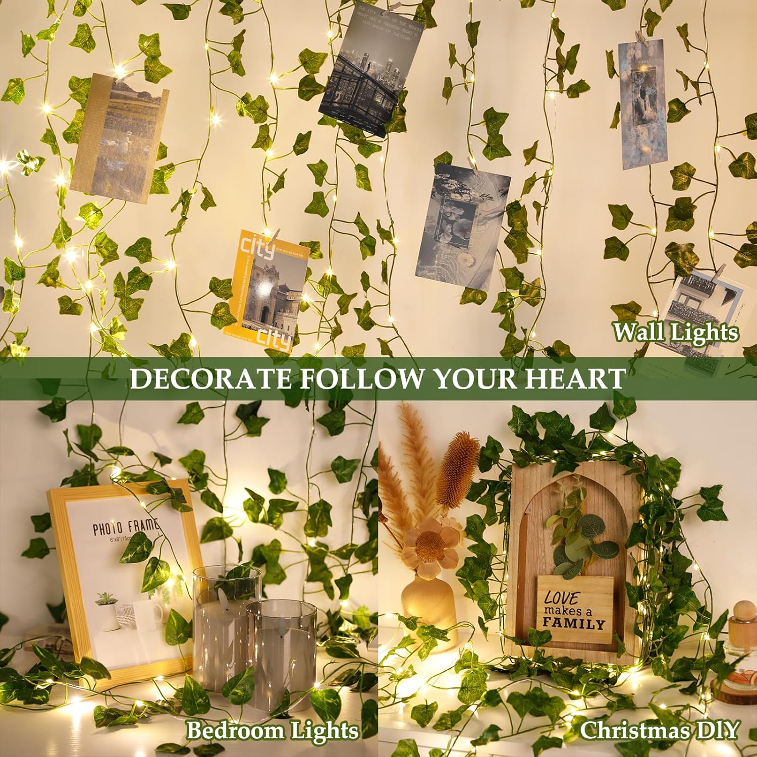33ft 100 LED Vine with Fairy Lights with Remote，Artificial Greenery Ivy Leaf Garland String Lights，Leaf for Bedroom, Room, Wall, Garden, Party, Wedding Decor (Warm White)