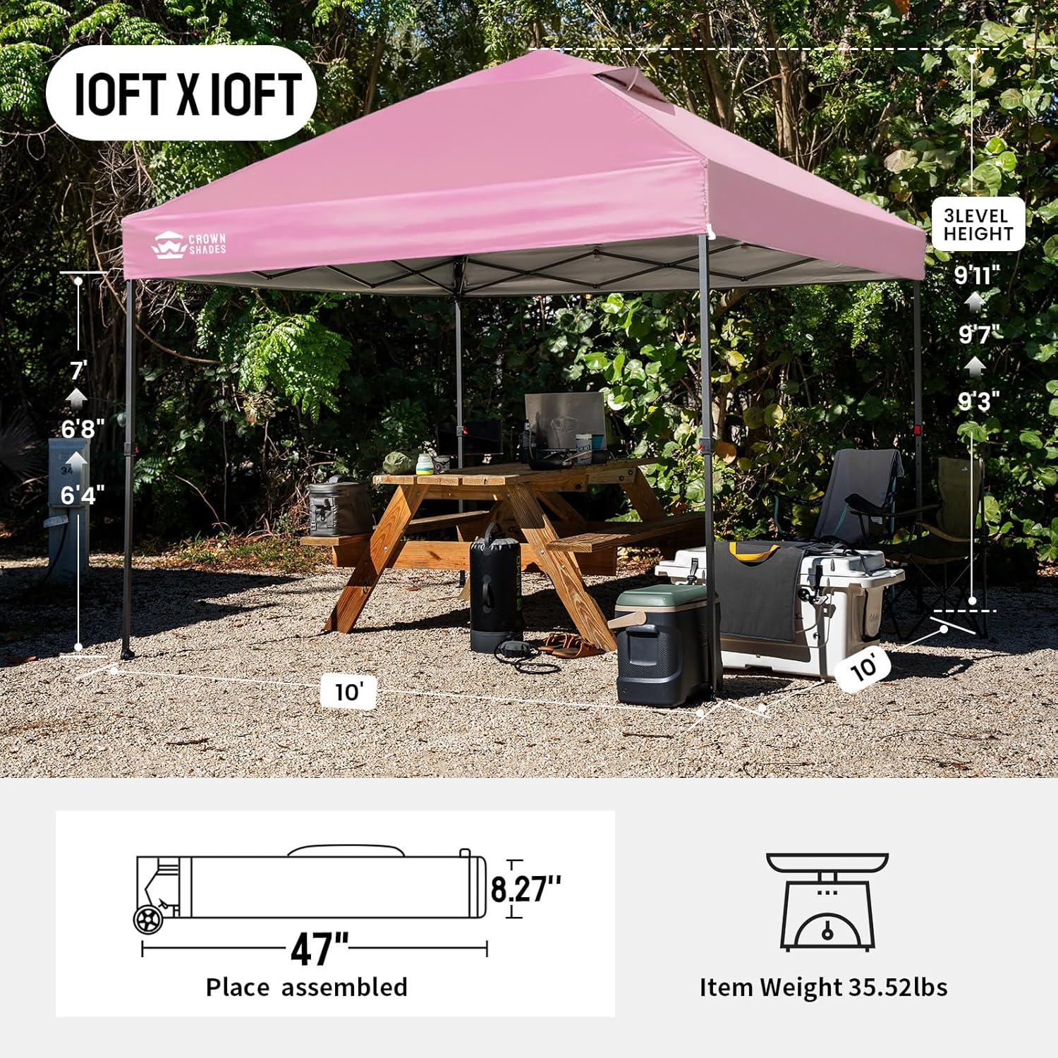 CROWN SHADES 10x10 Pop Up Canopy Tent - Patented Center Lock One Push Instant Outdoor Canopy Beach Tent with STO-N-Go Bag 8 Stakes & 4 Sand Bags，Pink