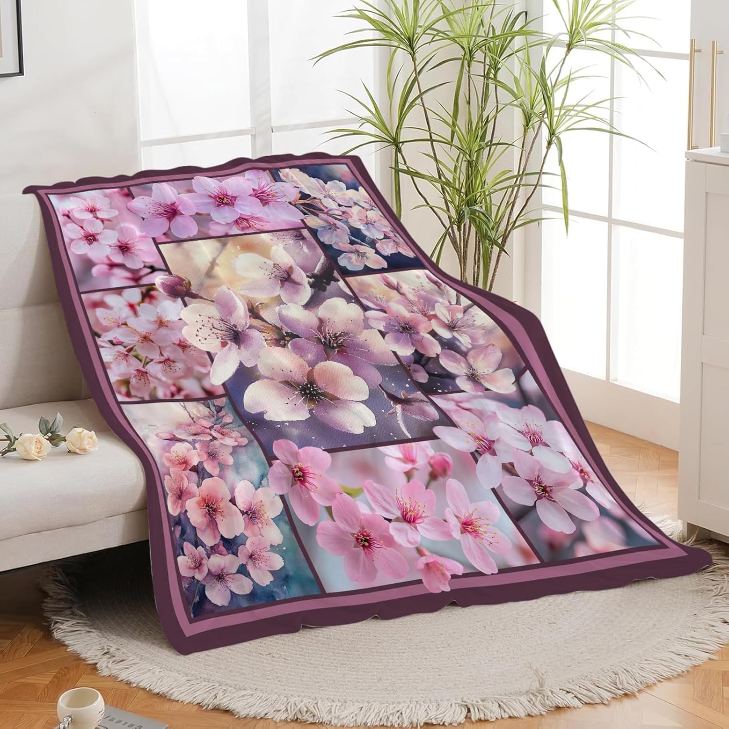 Cherry Blossoms Throw Blanket Japanese Sakura Floral Print Throw Blankets Gifts for Couch Sofa Bed Stuff Decor Lightweight Soft Cozy Fleece Plush Flannel Bedding for Lover Men Women 50"x60"