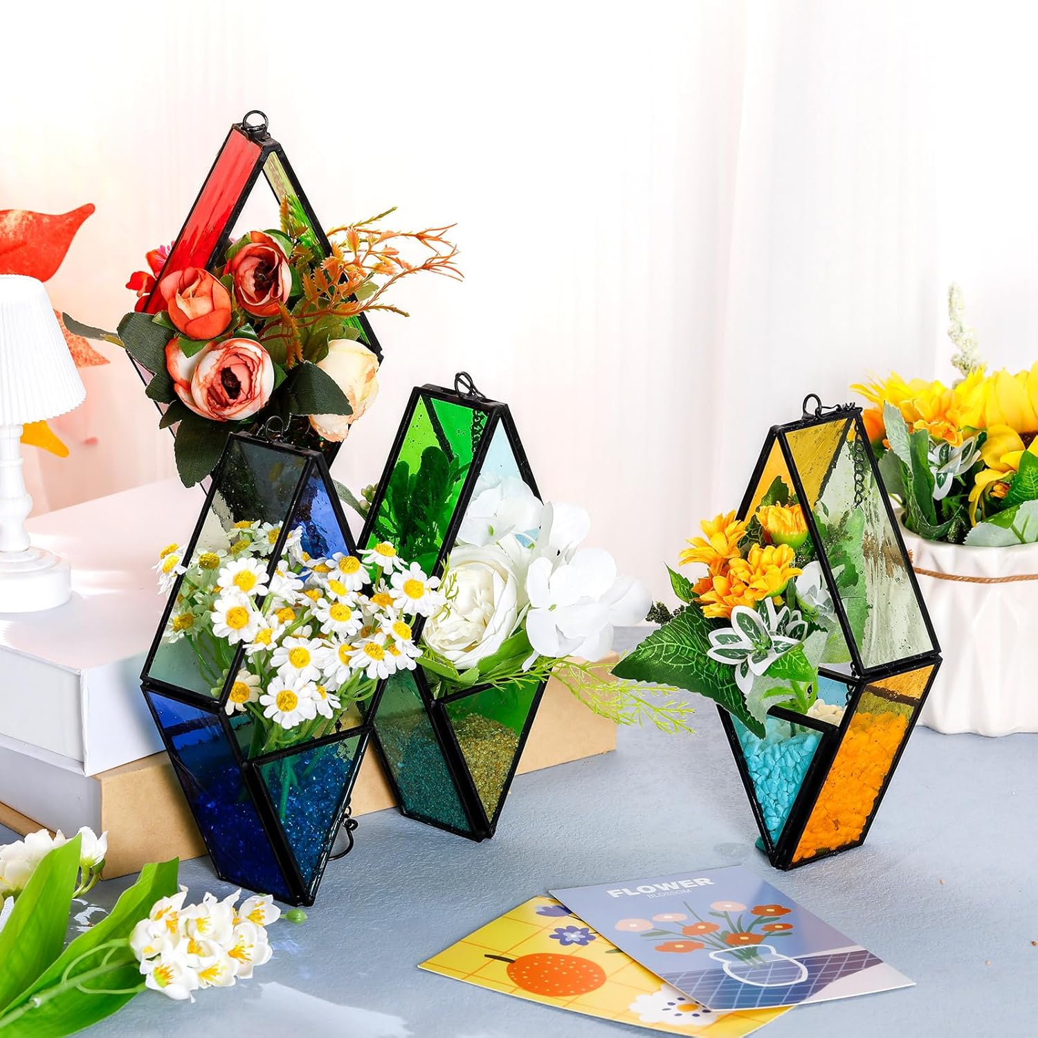 Hushee 4 Pcs Stained Glass Hanging Plant Terrariums Hanging Glass Planter Air Plant Holders with Chain for Window Christmas Home Decor Gifts for Mom Women, 7.87 x 3.94 x 1.97 Inch(Bright Color)