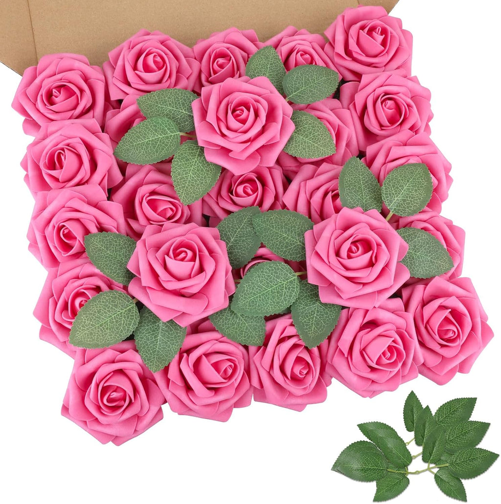 AmyHomie 25pcs Real Looking Artificial Hot Pink Roses w/Stem for DIY Wedding Bouquets Centerpieces Arrangements Party Baby Shower Valentines Day Christmas Tree Decorations