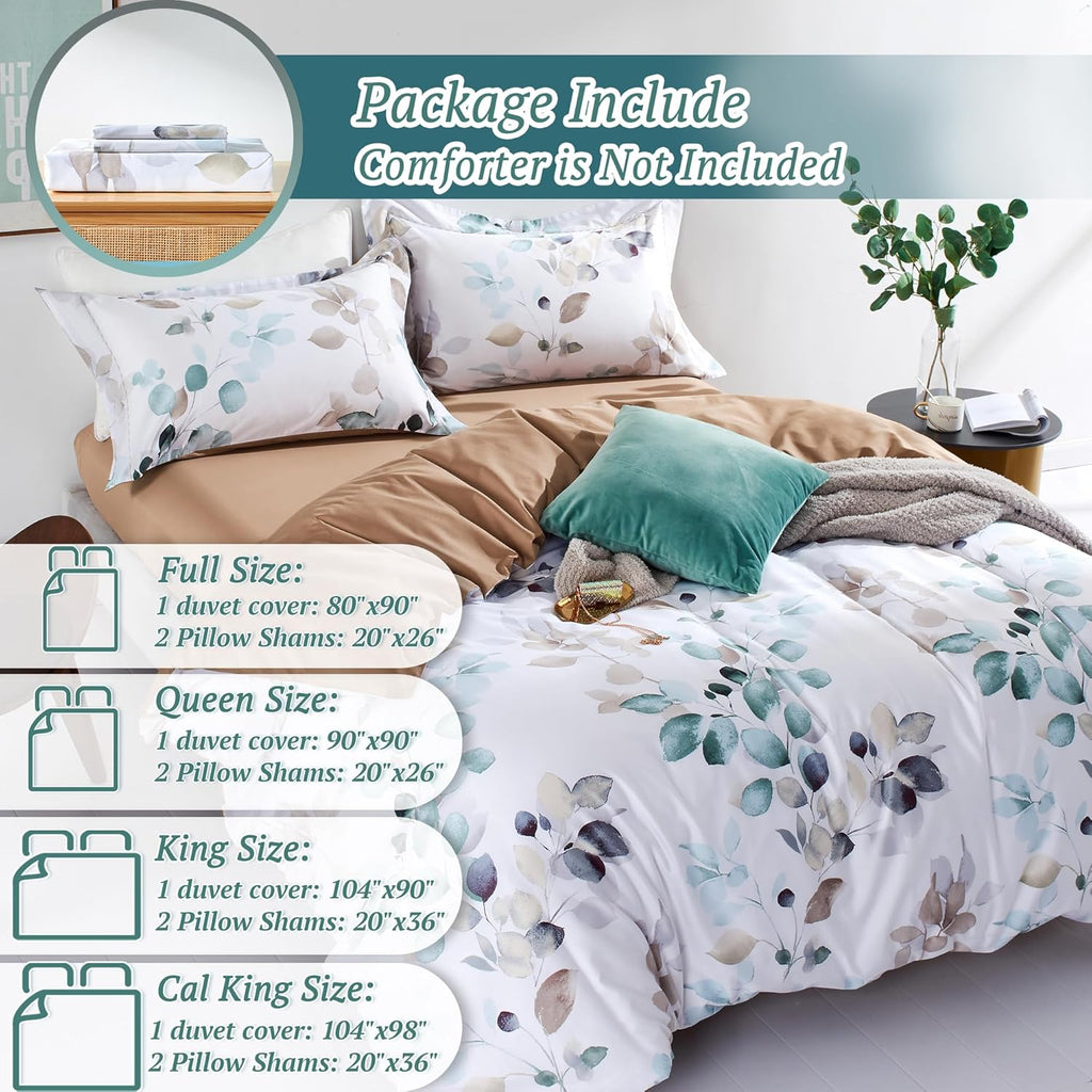 MILDLY 100% Long-Staple Cotton Duvet Cover Set Teal Blue Green Leaf Pattern Printed Comforter Cover 3pcs, Ultra Soft & Breathable Bedding Set