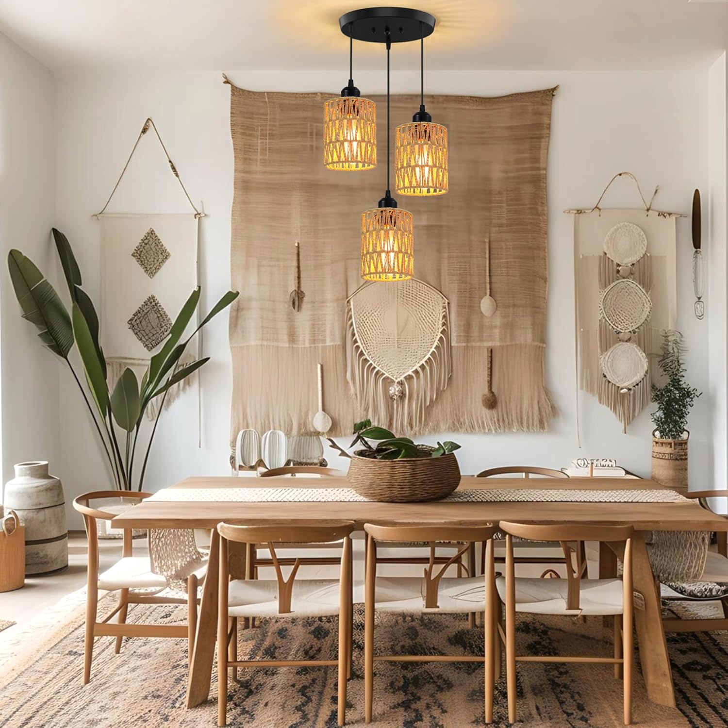 3-Light Rattan Pendant Light, Farmhouse Boho Hanging Light Fixture with Hand-Woven Wicker Shades for Dining Room, Kitchen Island, Bedroom, Living Room, Foyer, Hallway