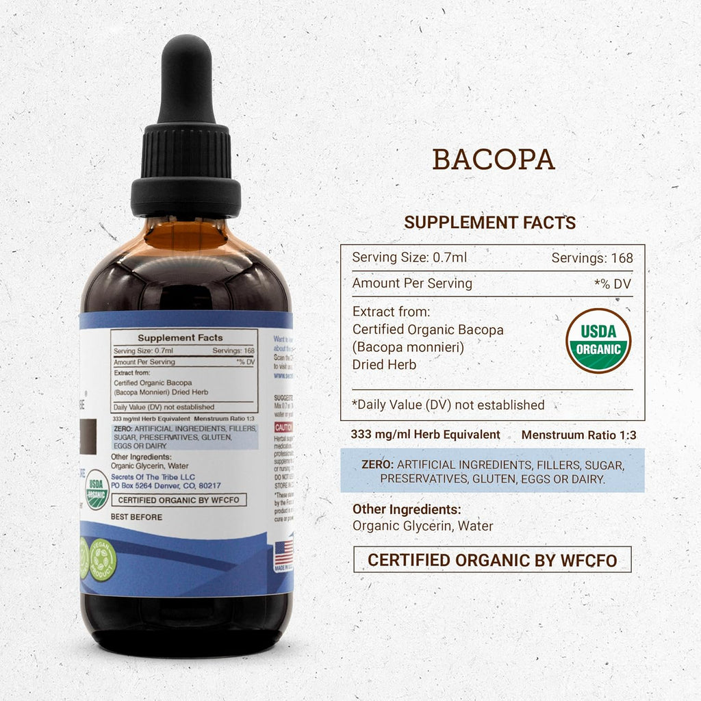 Bacopa USDA Organic | Alcohol-FREE Extract, High-Potency Herbal Drops, Relaxation, Positive Cognitive Effect | Made from 100% Certified Organic Bacopa (Bacopa Monnieri) Dried Herb 4 oz