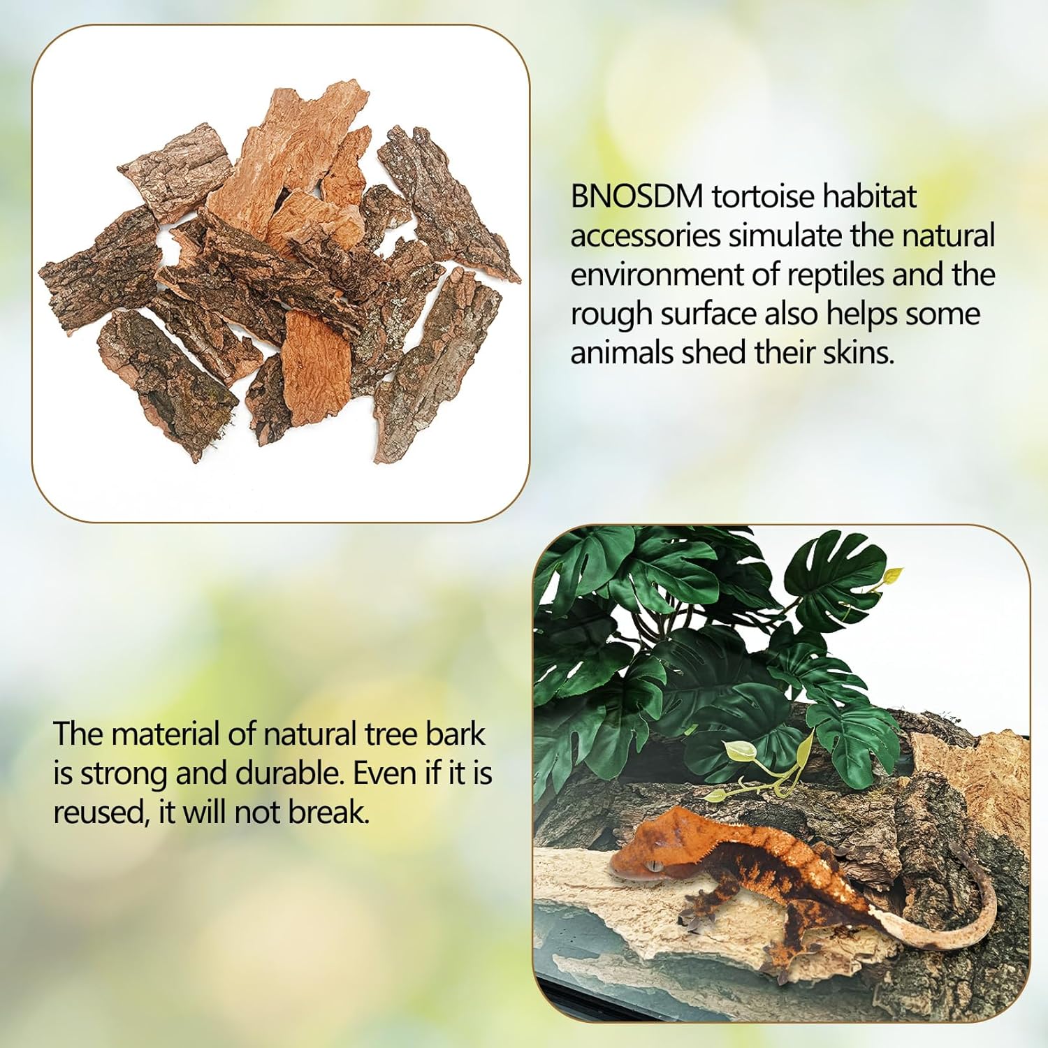 BNOSDM Reptile Cork Bark Substrate 10oz Tortoise Bedding for Habitat Natural Flat Cork Wood Bulk Terrarium Reusable Champagne Bark for Lizard, Crested Gecko, Spider, Chameleon, Ball Python, Tree Frog