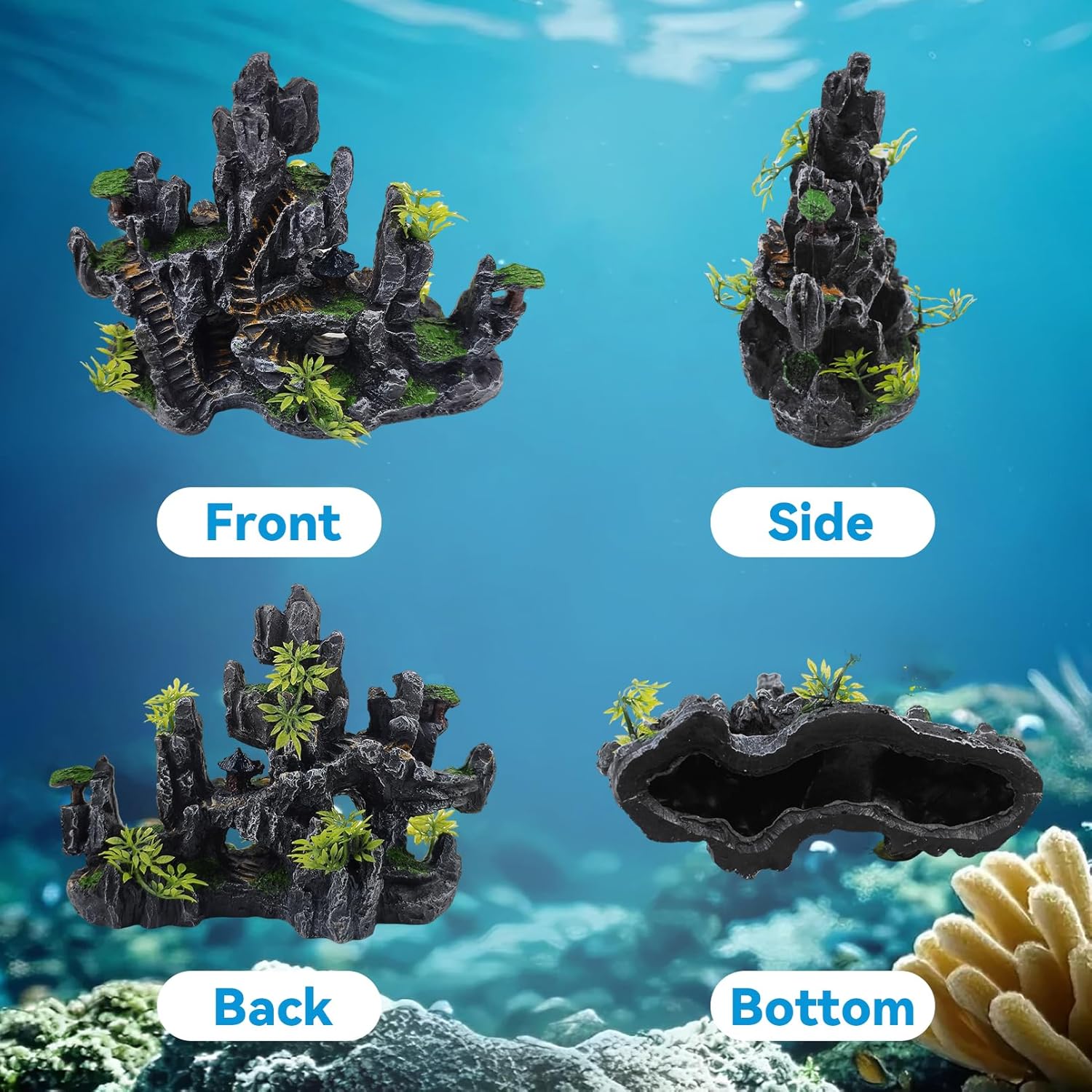 Aquarium Ornaments View Mountain,Fish Tank Decorations Resin Rock Landscape Artificial Stone Aquarium Decor with Plant Cave for Small Fish Shrimp