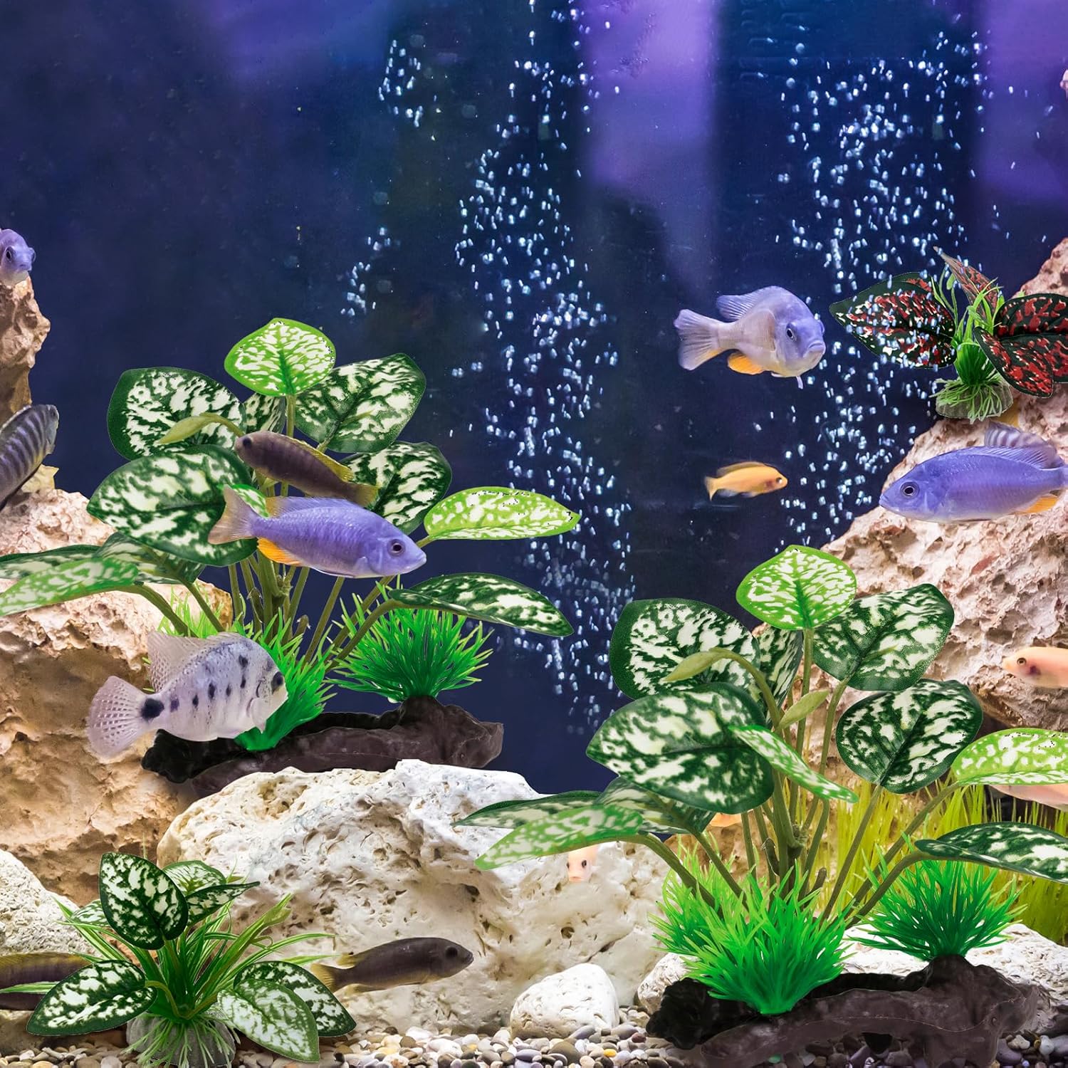 Reptile Artificial Plants, Terrarium Plants Decorations Supplies, Aquarium Fish Tank Plant, Amphibian Habitat Hideout Tank Accessories(M Set-4pcs/B)