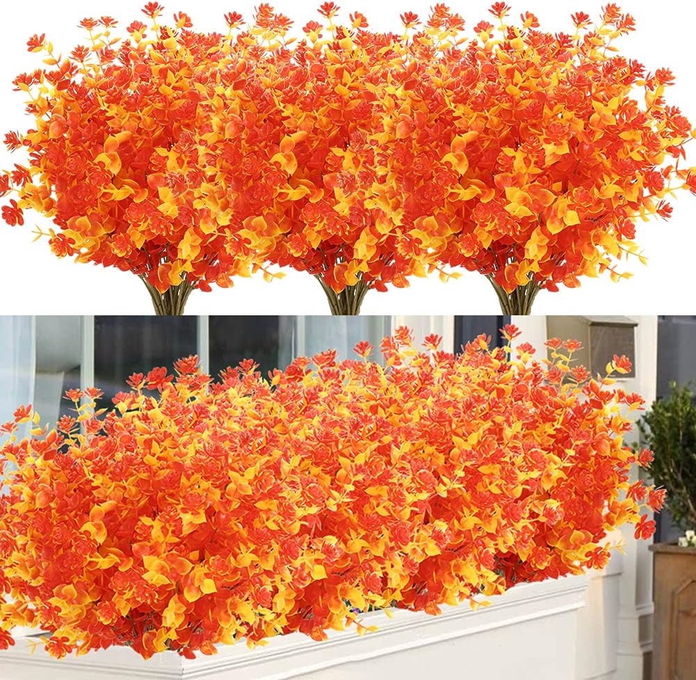 6 Bundles Artificial Fall Flowers No Fade Faux Autumn Plants, Fake Indoor Outdoor Greenery for Thanksgiving Christmas Wedding Party Home Garden Fireplace Décor (Gold Yellow)