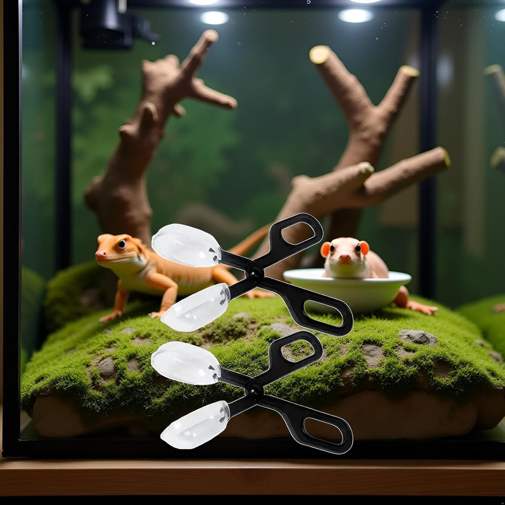 2Pcs Black Reptiles Feeding Scooper Poop Cleaning Clamp Spoon-shaped Tips Feeder Tweezers Aquarium Tank and Terrarium Cleaning Tool, For Lizard Tarantulas Reptile Supplies Reptiles and Amphibians