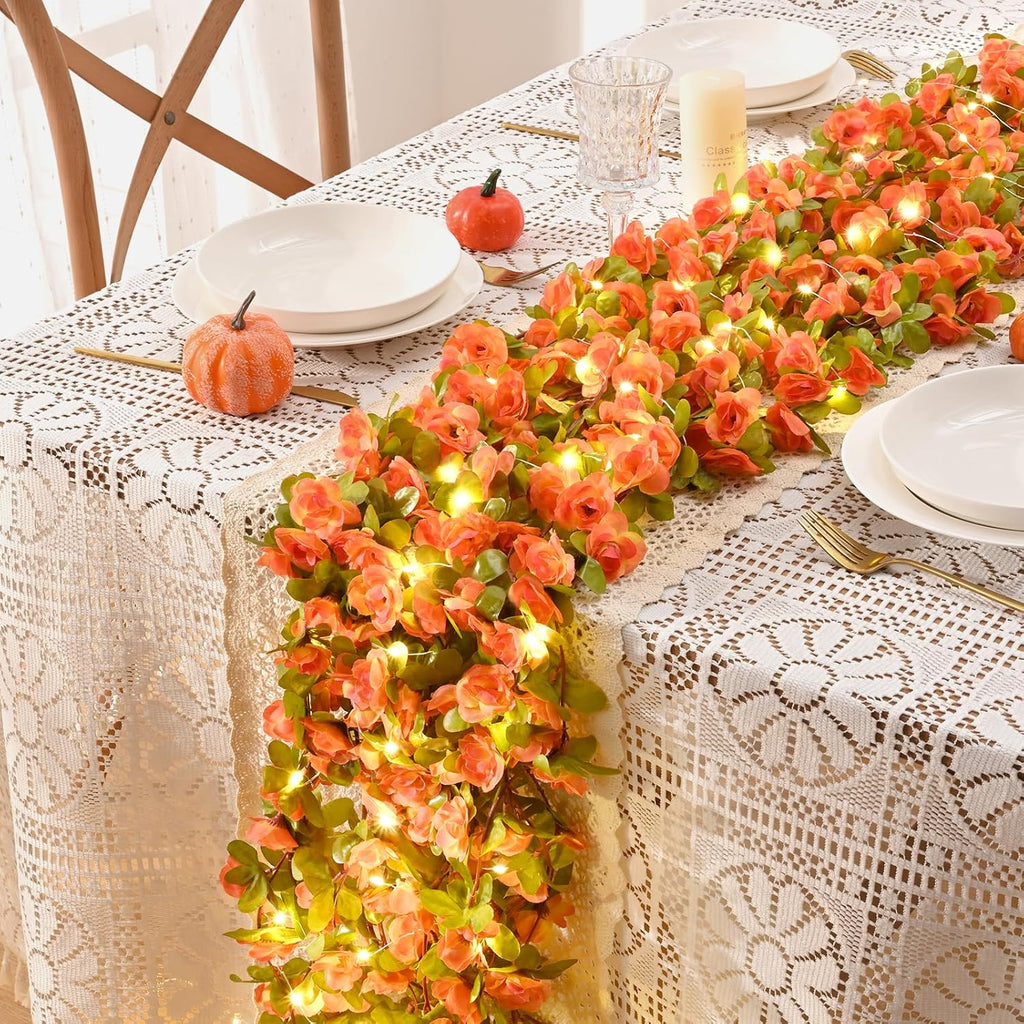 BLEUM CADE 5Pcs 41Ft Flowers Garland Artificial Rose Vines with 32.8Ft String Lights, Cute Fake Hanging Flower Vines Floral Garland Decorations for Wedding Party Wall Room Decor Aesthetic