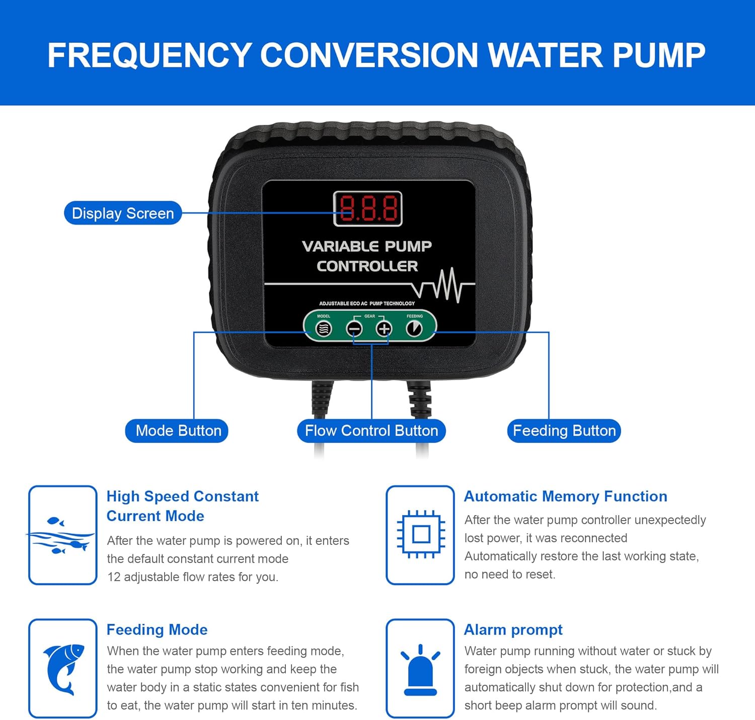 Luckerain Aquarium Pump 800 GPH Fish Tank pump with Controller Submersible External Amphibious Hydroponic Pump for Salt Fresh Water Koi Pond Garden Waterfall Circulation
