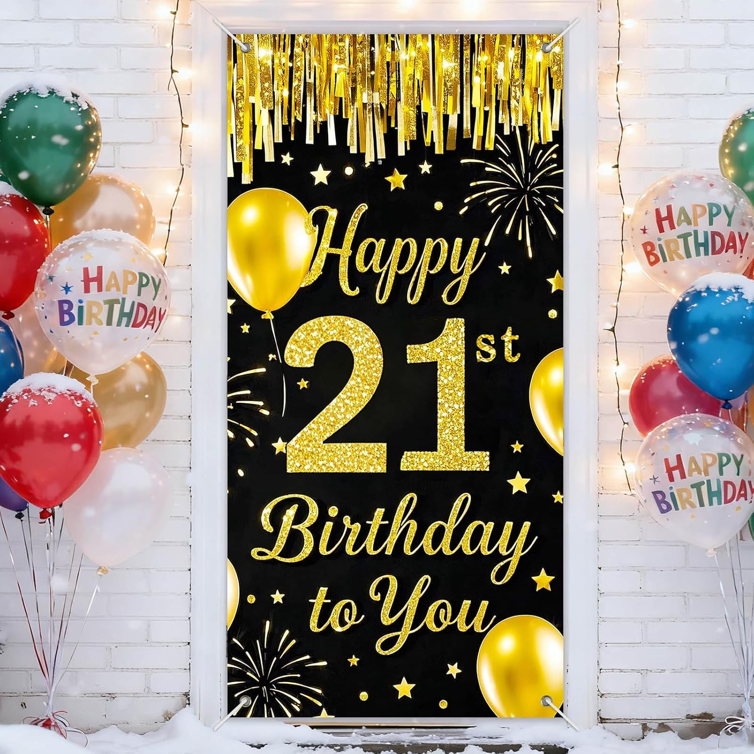 IVN 21st Birthday Door Cover 71x35 Inch Black Gold Birthday Banner for Party Decorations Balloons Stars Fireworks Backdrop Sign for Men Women Photo Booth Prop Wall Decor
