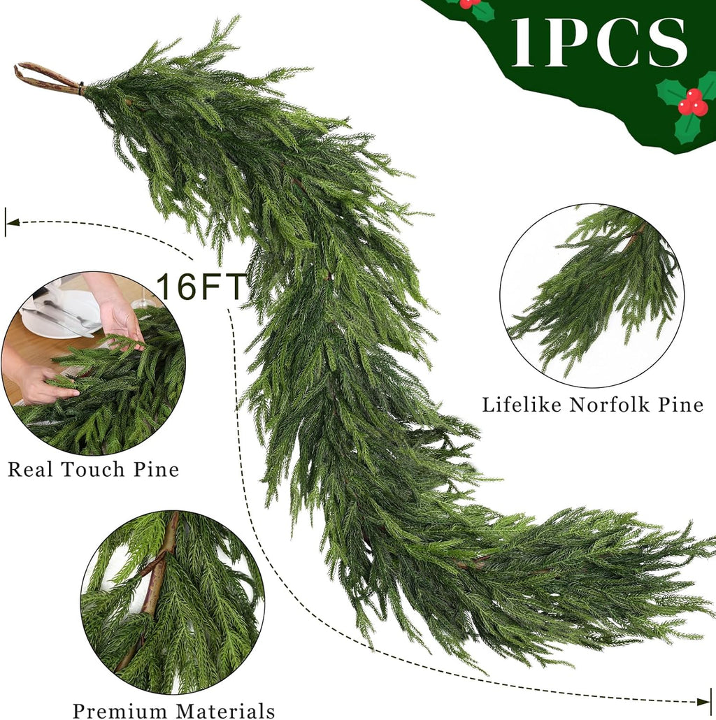 16FT Real Touch Norfolk Pine Garland - Artificial Christmas Garland Fake Green Faux Pine Needles Garland for Table Fireplace Mantle Holiday Home Indoor Outdoor Decor (1PCS)