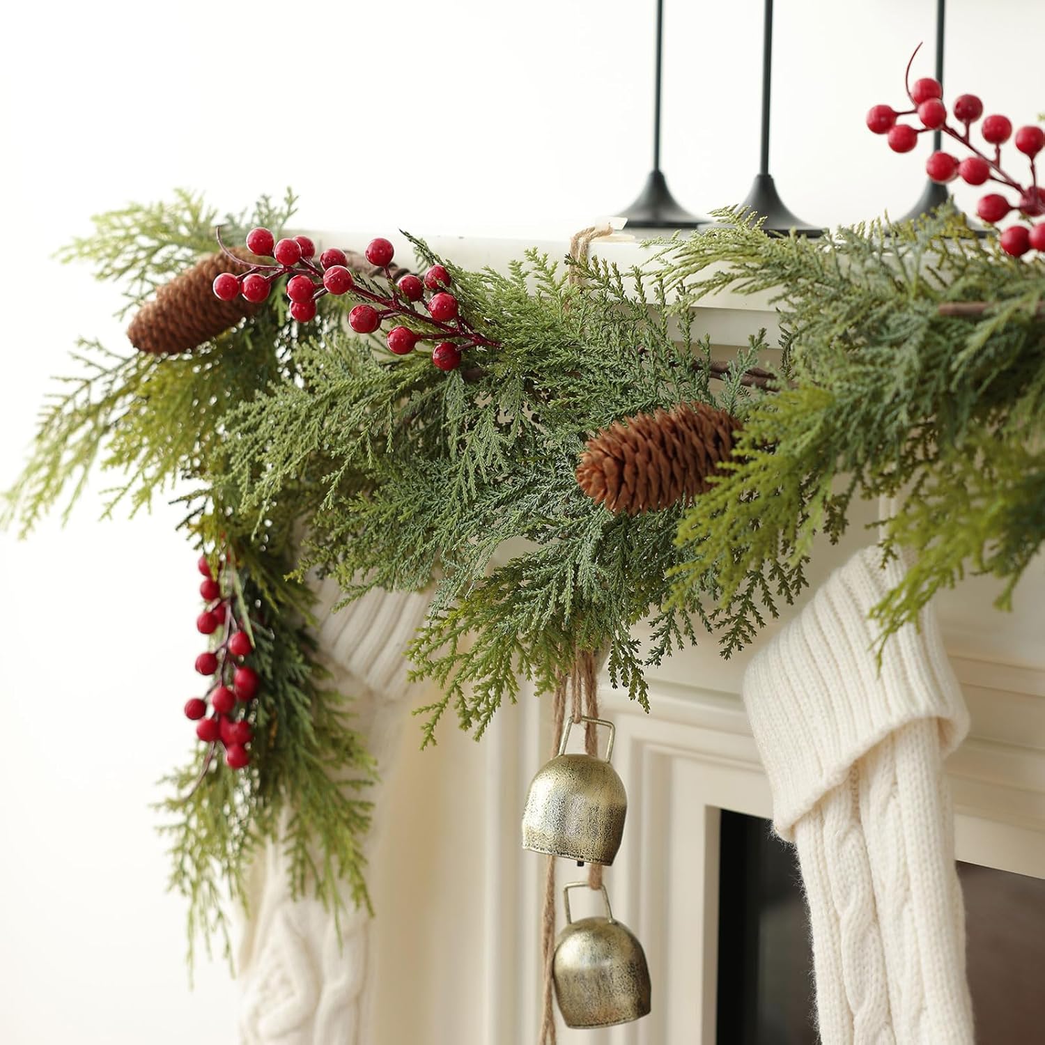MIZII Christmas Garlands 6 Feet Artificial Pine Garland with Pinecone Berries Faux Greenery Garland Christmas Decorations for Xmas Fireplace Mantle Home Decor Indoor Outdoor (Pine Mix)