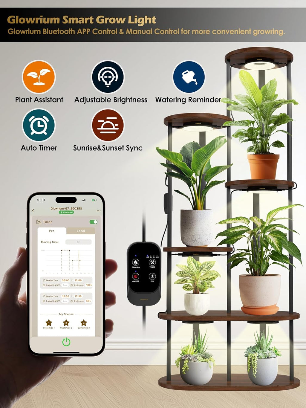 GLOWRIUM Grow Lights for Indoor Plants, 32W Smart Full Spectrum LED Grow Light, Auto Timer and Stepless Dimming,Plant Assistant with Watering Reminder,Modular Design (Black, 4PCS)