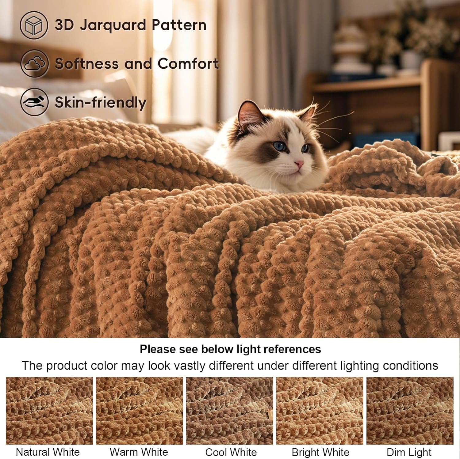 PHF Ultra Soft Flannel Fleece Blanket King Size, Lightweight 3D Jacquard Fleece Blanket, No Shedding, No Pilling, Luxury 340GSM Aesthetic Fluffy Cozy for Bed Room Decor, 108"x90", Terracotta